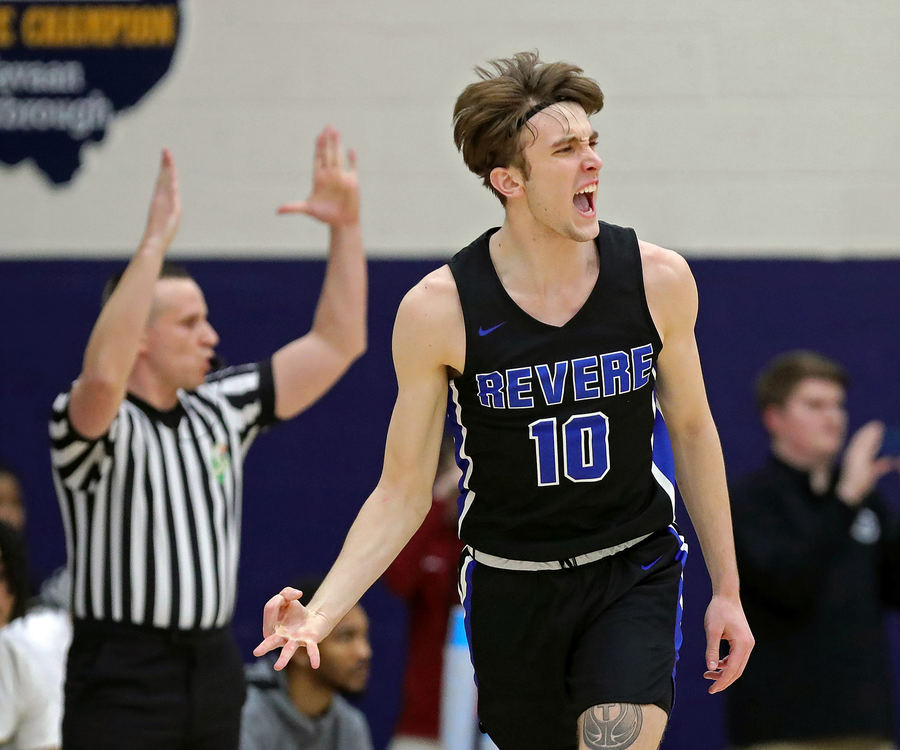Sports Feature - HM - Revere’s Uriah Rodeman celebrates after a three during the first half of a high school basketball game against Copley, Friday, Jan. 26, 2024, in Copley, Ohio. (Jeff Lange / Akron Beacon Journal)