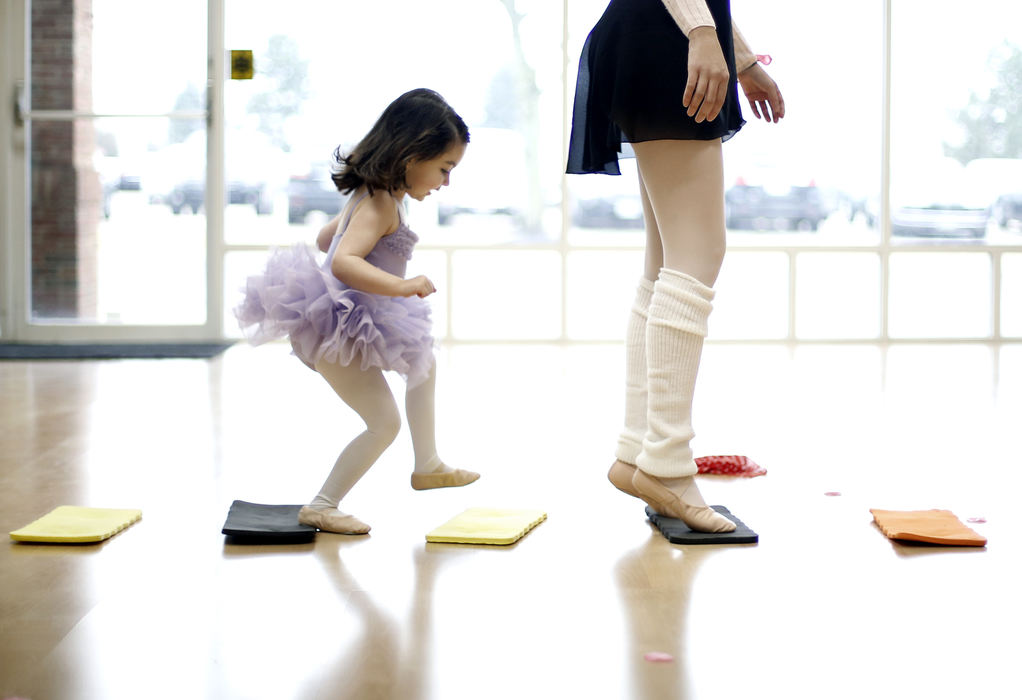 Catarina Carrau, 3, tries to follow her mother, Silvia, during a Mom and Me ballerina class taught by Tina Ferreira at Training Grounds in Dublin on January 24, 2017.  Catarina has a speech delay and both Sivia and Tina work with Catarina while practicing her ballerina skills.