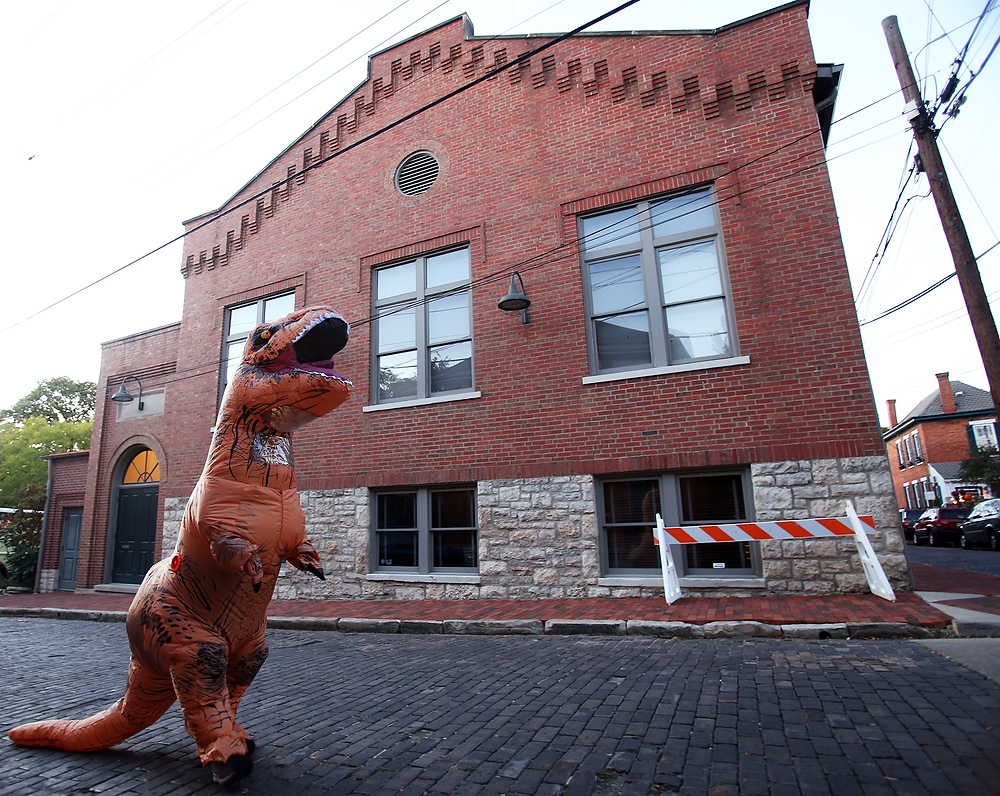 Second Place, George S. Smallsreed Photographer of the Year  - Lorrie Cecil / ThisWeek Community NewsA T-Rex, aka Jaquie Bailey, makes her way through German Village during the 12th annual German Village Monster Bash on Saturday October 14.  Ten homes featured themed bars in their gardens for "adult" trick-or-treating followed by a party at the German Village Society Meeting Haus.  