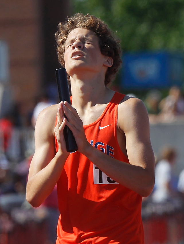 Second Place, George S. Smallsreed Photographer of the Year  - Lorrie Cecil / ThisWeek Community NewsOlentangy Orange's Tommy Wintering looks to the sky after finishing the Division I 4x800 meter relay during day one of the State Track and Field Tournament on Friday June 2 at Jesse Owens Memorial Stadium.  Orange placed seventh.  