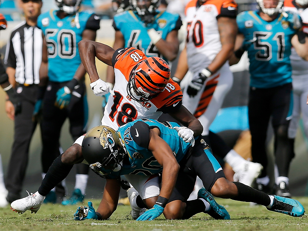 Award of Excellence, Ron Kuntz Sports Photographer of the Year - Sam Greene / The Cincinnati EnquirerCincinnati Bengals wide receiver A.J. Green (18) pulls back to throw a punch to the helmet of Jacksonville Jaguars cornerback Jalen Ramsey (20) after a play late in the second quarter of the NFL Week 9 game between the Jacksonville Jaguars and the Cincinnati Bengals at EverBank Field in Jacksonville, Fla., on Sunday, Nov. 5, 2017. Both players were ejected for fighting, despite Ramsey having not thrown a punch, citing his instigation of Green.