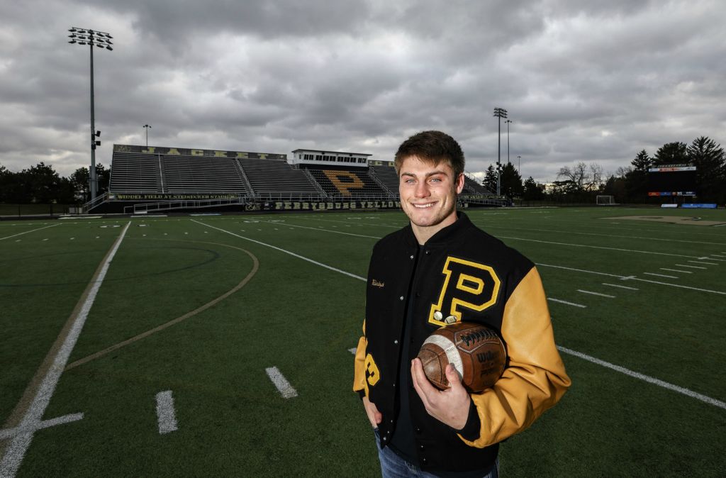 November - Portrait - 3rd place - Perrysburg senior Connor Walendzak photographed at Steinecker Stadium in Perrysburg is the 2022 All-Blade player of the year .  (Jeremy Wadsworth / The Blade)