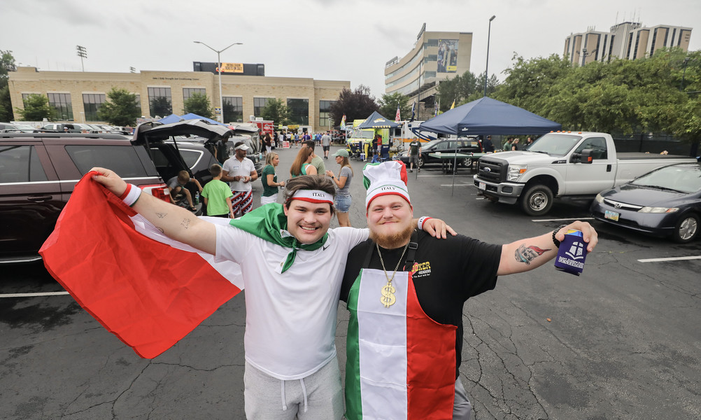 Juy - Story - 3rd place - Mason Schmoekel (left) and Joe Bruno, both of Toledo, tailgate before the Italian Bowl  XLII  featuring the Florence Guelfi and the Parma Panthers at the Glass Bowl in Toledo.  (Jeremy Wadsworth / The Blade)
