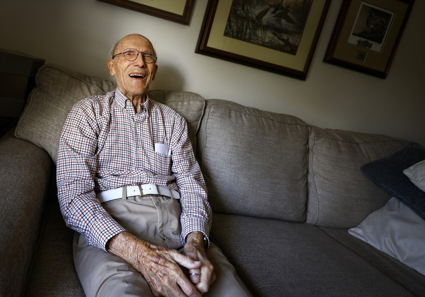 August - Portrait - 3rd place - Harold Hoffman, 97, a 1943 Central Catholic High School graduate and World War II veteran will be honored during halftime of the Fighting Irish football game on Friday. Here Mr. Hoffman is in his home in Toledo. (Jeremy Wadsworth / The Blade)