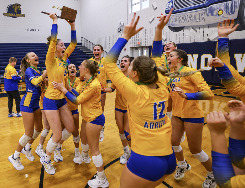 November - Sports Feature - 1st place - St. Ursula players celebrate defeating Avon to win the Division I regional volleyball final at Norwalk High School. St. Ursula defeated Avon 3 sets to 1.  (Jeremy Wadsworth / The Blade)