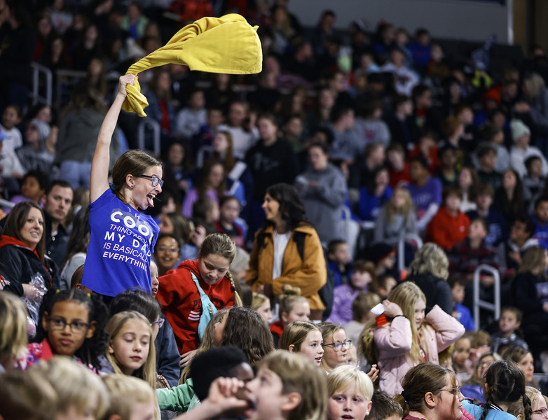 November - Sports Feature - HM - Lydia Gratz, fifth grader at Bluffton Elementary School cheers on the Toledo Walleye in their game against the Wheeling Nailers at the Huntington Center in Toledo.   (Jeremy Wadsworth / The Blade)