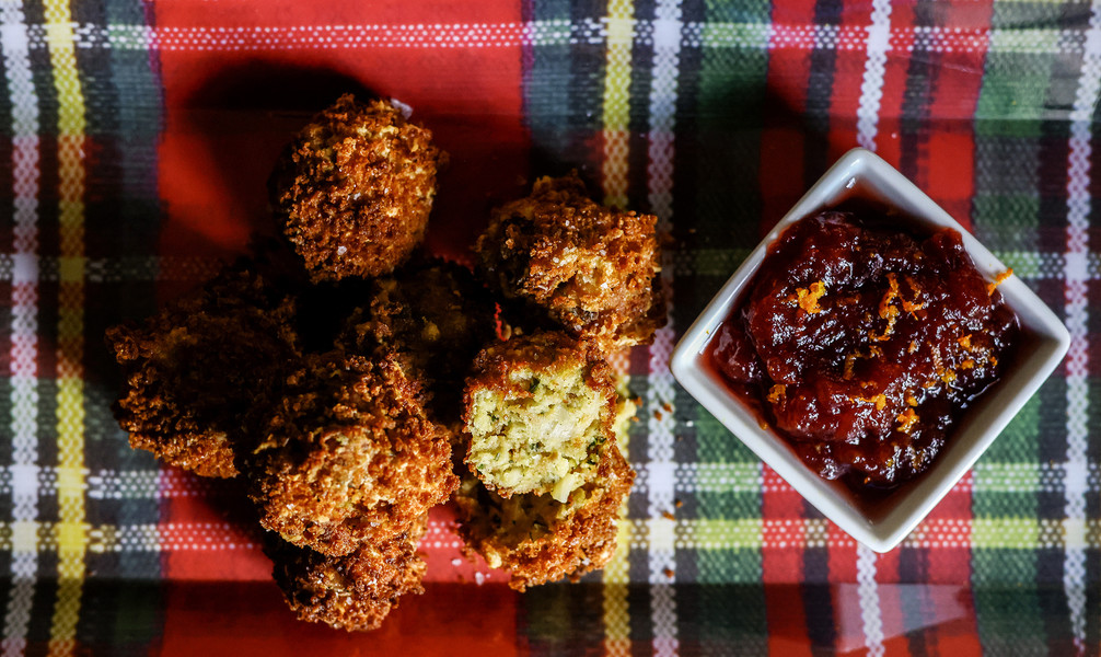 December - Illustration - 2nd place - Deep-fried stuffing balls with a cranberry dipping sauce.   (Jeremy Wadsworth / The Blade)